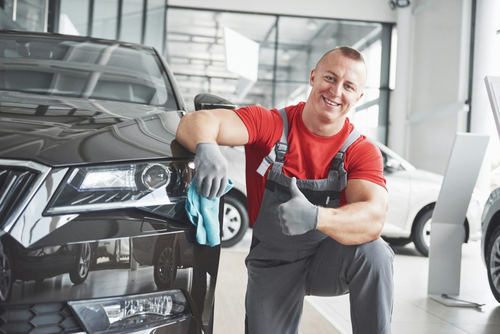 Professional cleaning and car wash in the car showroom